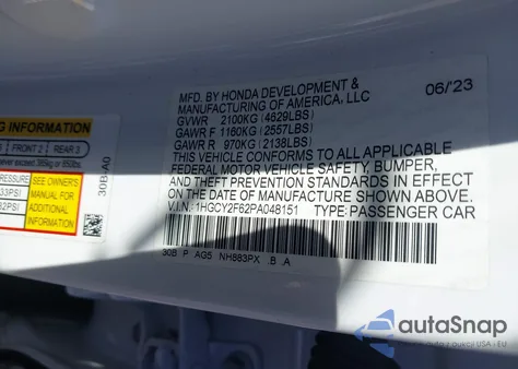 2023 Honda Accord Hybrid Ex-L from USA, damaged, VIN 1HGCY2F62PA048151